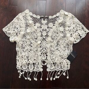 Fever Women’s Lace Mesh Cover Up Open Front Top Cream White Size Medium NWT